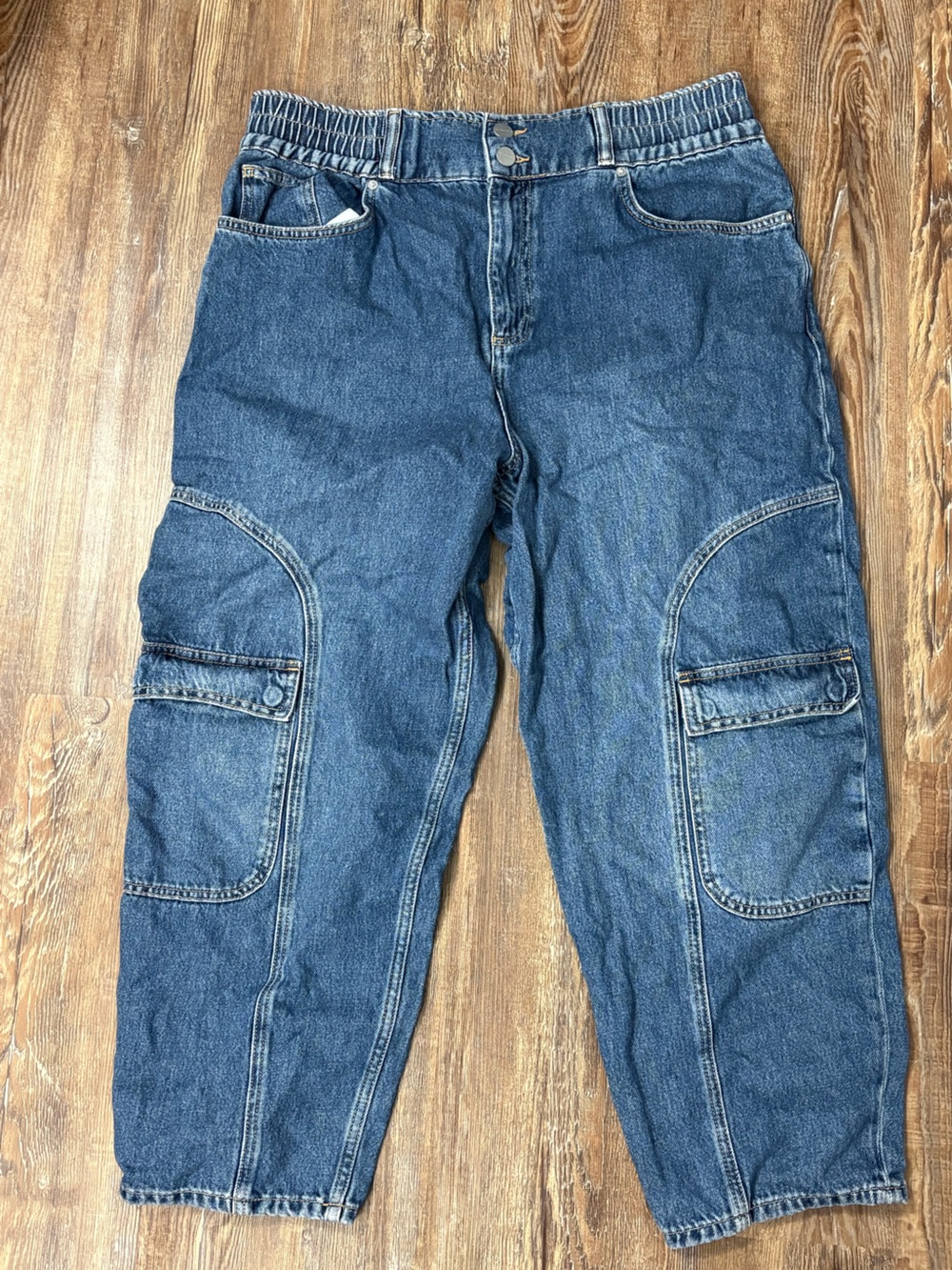 All Saints Hailey Mae Cargo Denim Blue Jeans Size 10 Stretch Waistband Mid Wash
